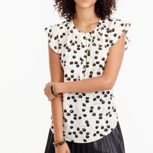 J.Crew 100% Silk Black Cherry Print Ruffle Sleeve Blouse Top Size Small